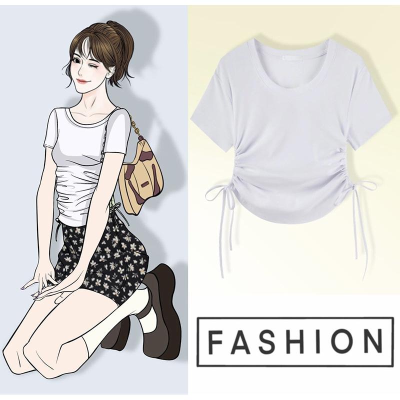 Dámský letní design s krátkým rukávem přes ramena, krátkorukávový výklenkový top Hot Girl Slim se stahováním