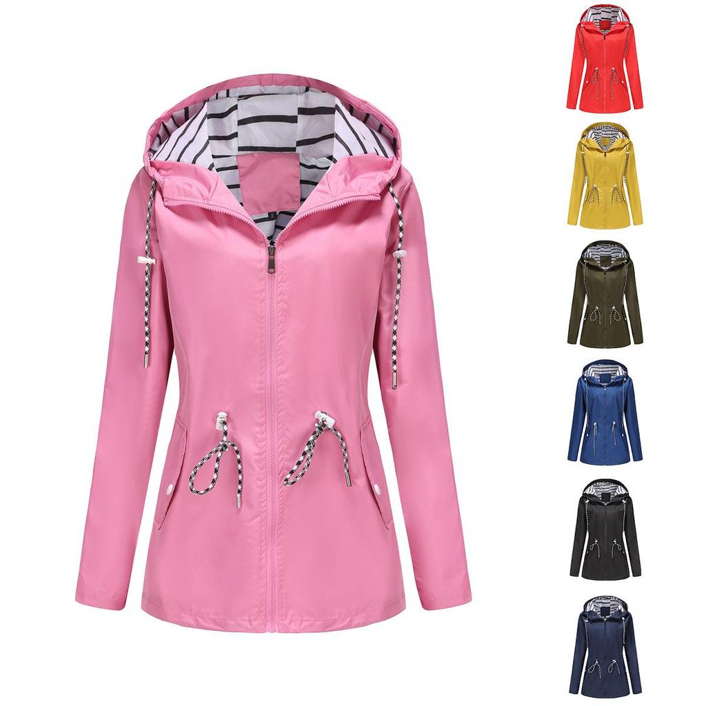 Long-sleeved Splash-proof Long Windbreaker for Women with Hood and Stripes Plus Size