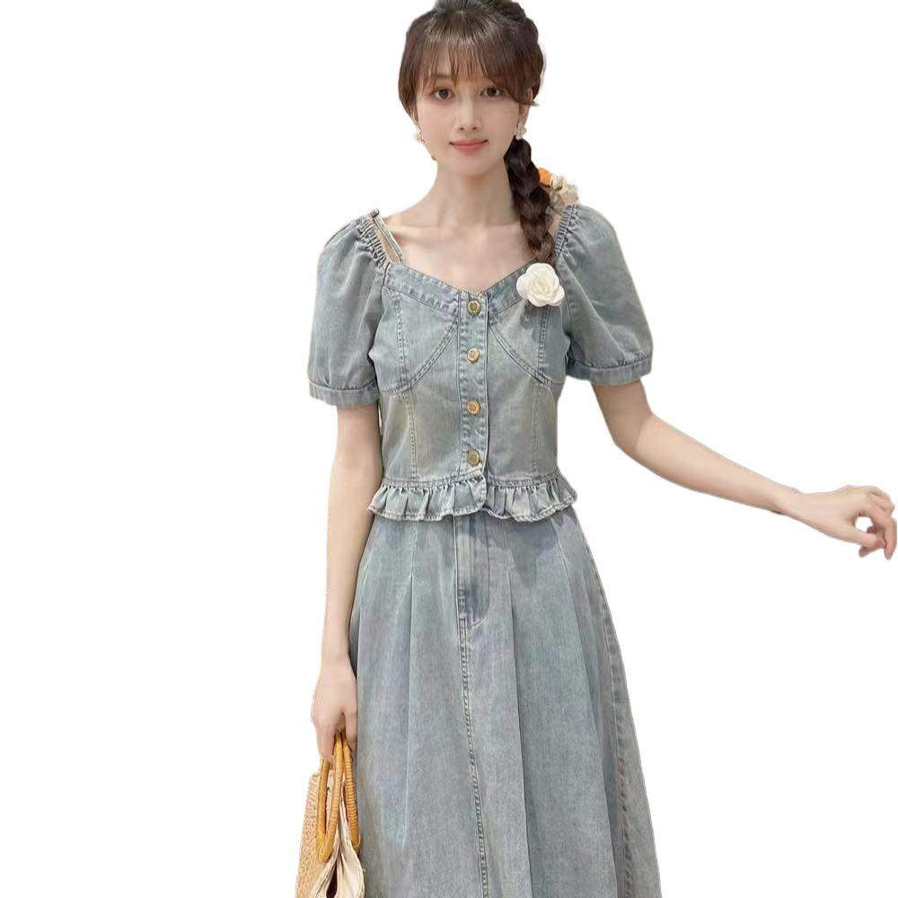 Women's Summer Retro Slimming A-line Denim Skirt and Short-sleeved Top Set