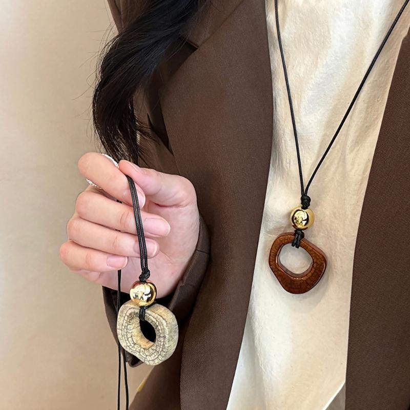 Handmade Wood Tribal Pendant Necklace Unique Resin Necklace Long Rope Necklace Suitable for Men and Women Present
