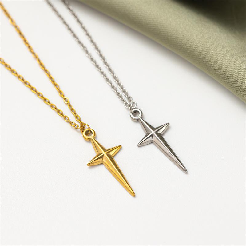 Stainless Steel Layered Necklace with Simple Four-pointed Star and Cross Pendant