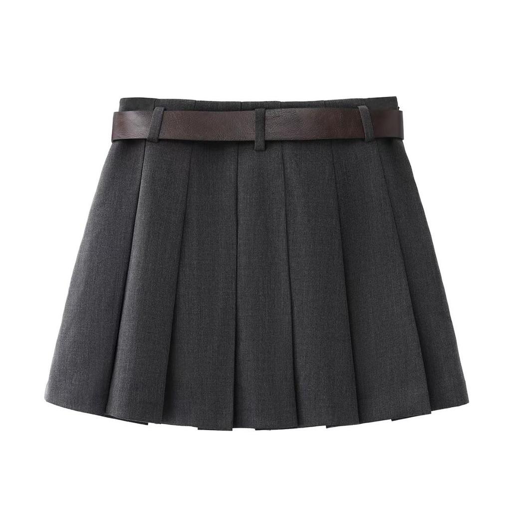 In Stock: 2026 Spring Casual A-line Pleated Skirt with Faux Leather Belt