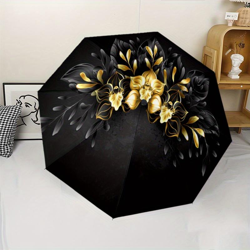 

1pc Golden Orchid Floral Pattern Folding Umbrella with 8 Ribs, Plastic Handle, Auto Open/Close - Fashion Design, Portable Wind Iron&8K