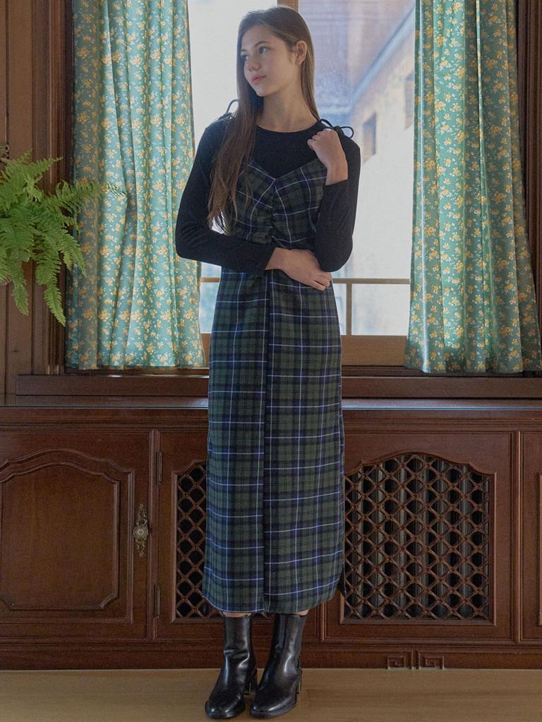 AVANT-G Tartan Check Shirring Dress - Green