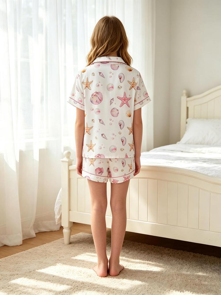 Girls Starfish Print Pajamas Set Button-Down Short Sleeve Top Shorts Sleepwear for 14-16Y