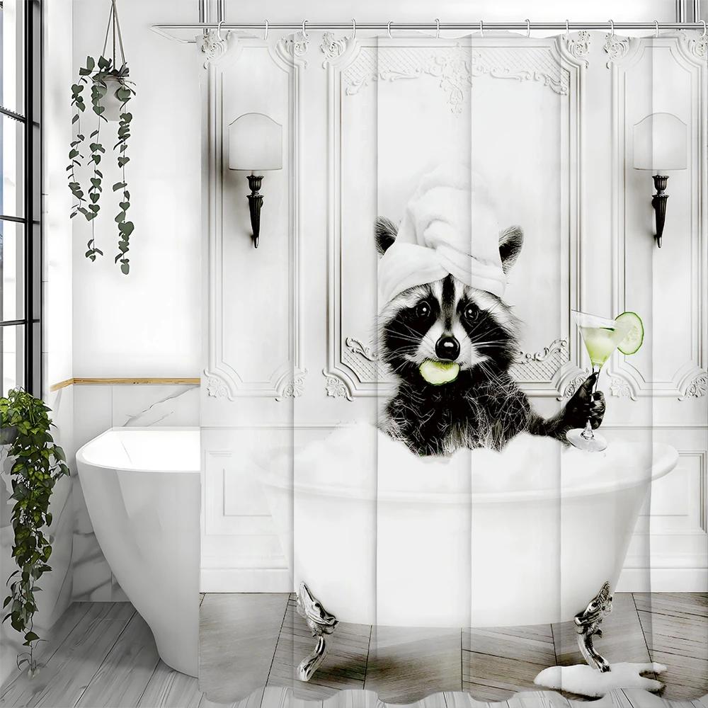 Schwarz-Weiß Waschbär Badewanne Spaß Duschvorhang, Badezimmer Dekorativer Duschvorhang, Wasserdichter Duschvorhang Mit Haken
