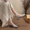 French thick heel with rhinestone single shoes women's 2025 new summer square head shallow mouth middle heel Mary Jane small leather shoes