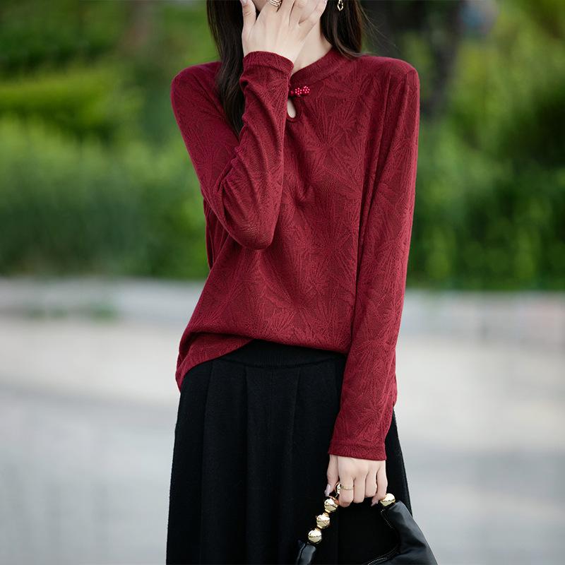 Podzimní a zimní nový čínský pletený top s knoflíky, dámské topy, měkké retro spodní tričko