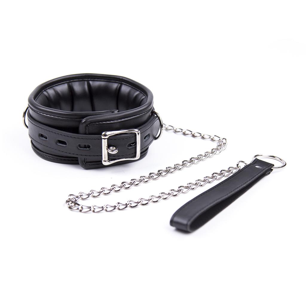 BDSM Props Adult Sex Toys  Black Leather Sub Master Collar Ring Toy Black Edging Lock Iron Chain Traction Neck Strap