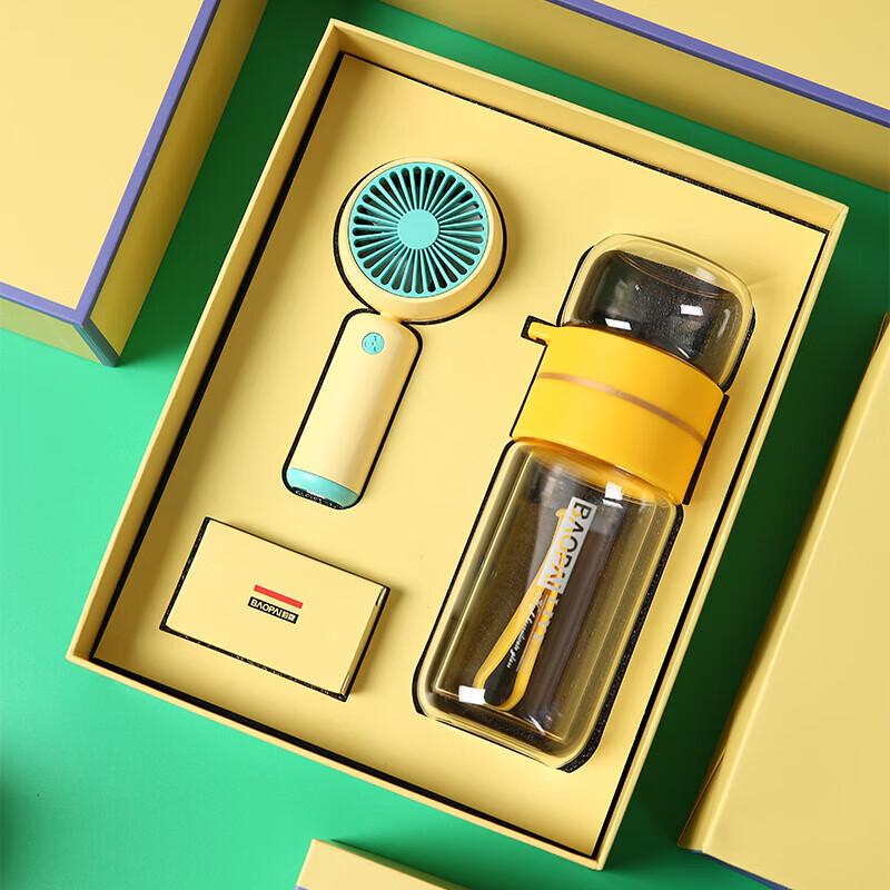 BAOPAI Glass Cup & Handheld Fan Gift Set