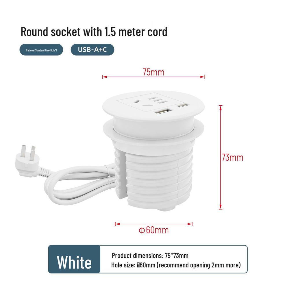 Recessed Round Desktop Power Socket with USB Charging, 60mm Hole