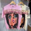 Unisex Vintage Washed Cotton Tee With Letter Print Loose Fit Casual T-Shirt