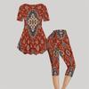 Women Plus Size Blue Black Printed Round Neck Short Sleeve Flared Top Capri Pants Two Piece Set