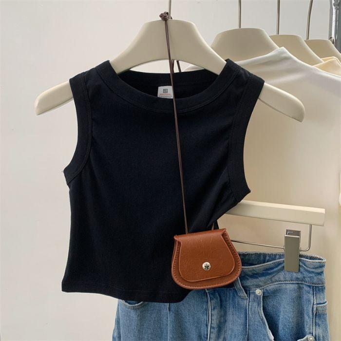 G Odell cotton, summer solid color basic wide shoulder strap versatile slim short sleeveless vest T-shirt women