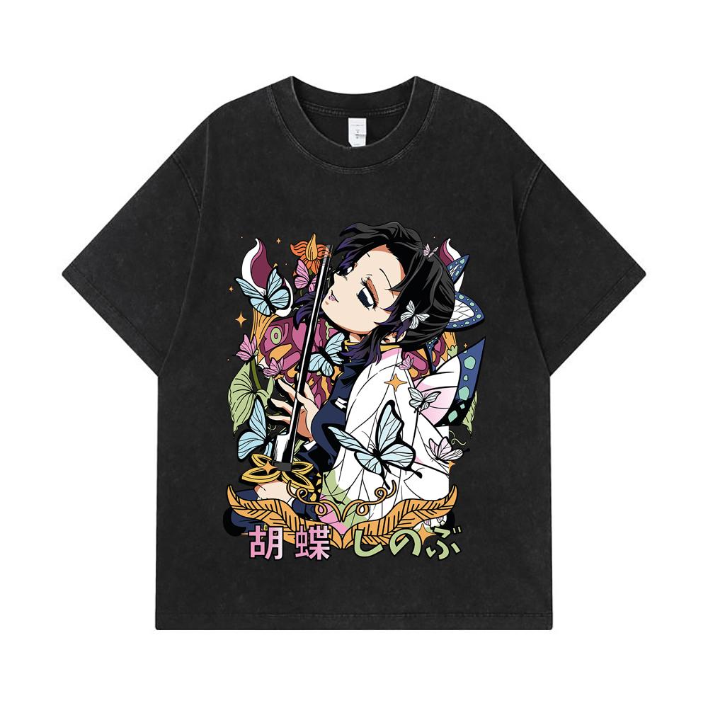 275 GSM Washed T-shirts 100% Cotton Demon Slayer V104 Shinobu Flower Print Unisex Heavy Cotton T Shirt