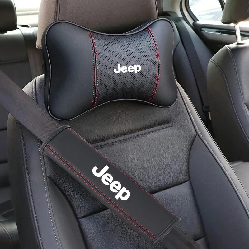 Leather Car Headrest Neck Pillow Seatbelt Shoulder Pad Accessories For Jeep Renegade Wrangler Gladiator Grand Cherokee Compass AMT1
