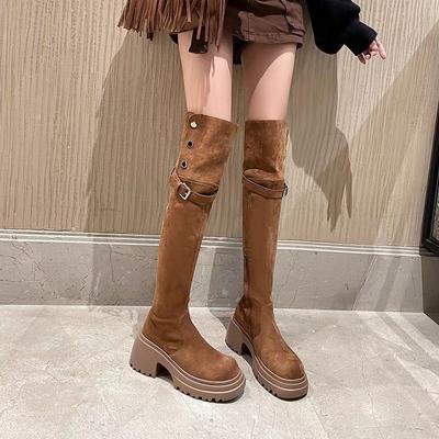 Herbst und Winter 2025 neue Retro-Westernstiefel Damen Samt Kniestiefel braun dicksohlige Maillard Ritterstiefel