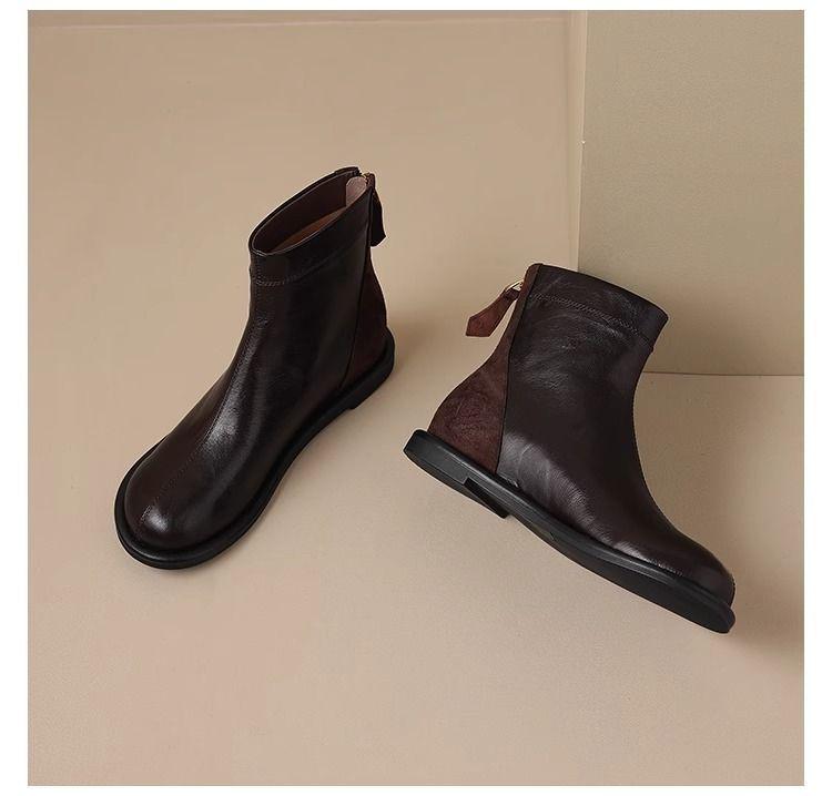 Ghete de damă retro din piele moale până la gleznă - Toamnă/Iarnă, Vârf rotund, Talpă plată, Versatile, Stil Martin subțiator