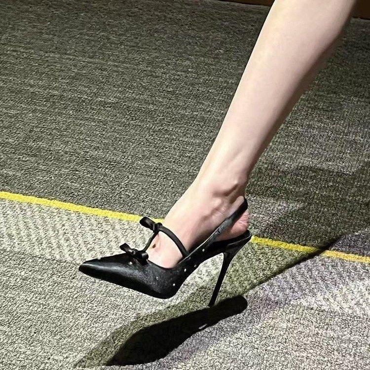 

[Youshilai] Black temperament socialite high heels women s 2025 pointed bow light mouth stiletto single shoes 35