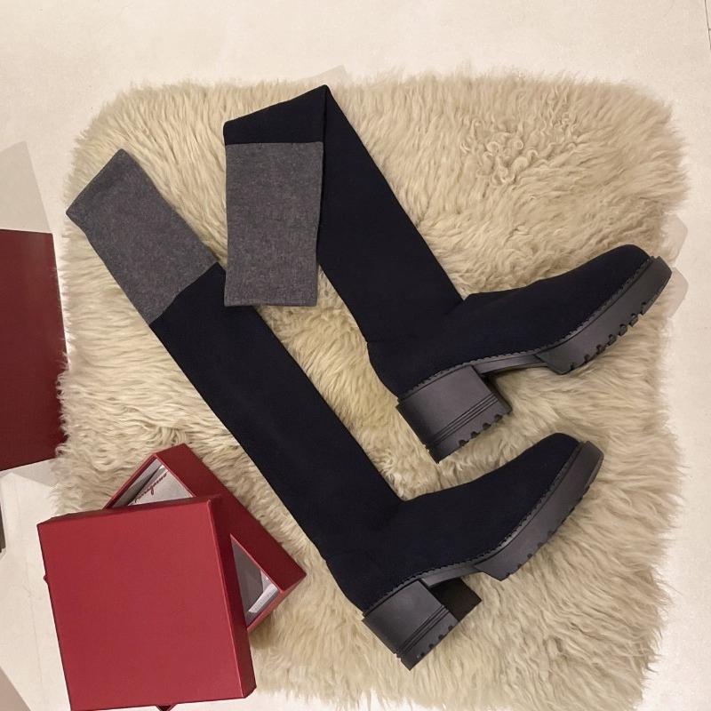 Fashion Long Legs Over The Knee Socks Boots for Women Spring and Autumn Round Toe Stretch Cloth Color Block Block Heel Stretch Boots