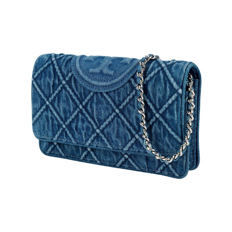 TORY BURCH Tang Libaiqi Fleming Magnetic Snap Flip Denim and Nappa Leather Shoulder Crossbody Wallet Women's Blue 158819-426