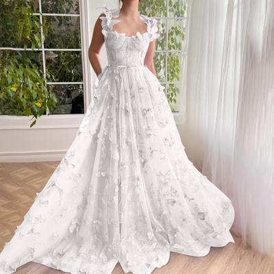 3D Butterfly Prom Dresses Long Lace Applique Tulle Ball Gown For Women Formal Evening Party Gown With Slit