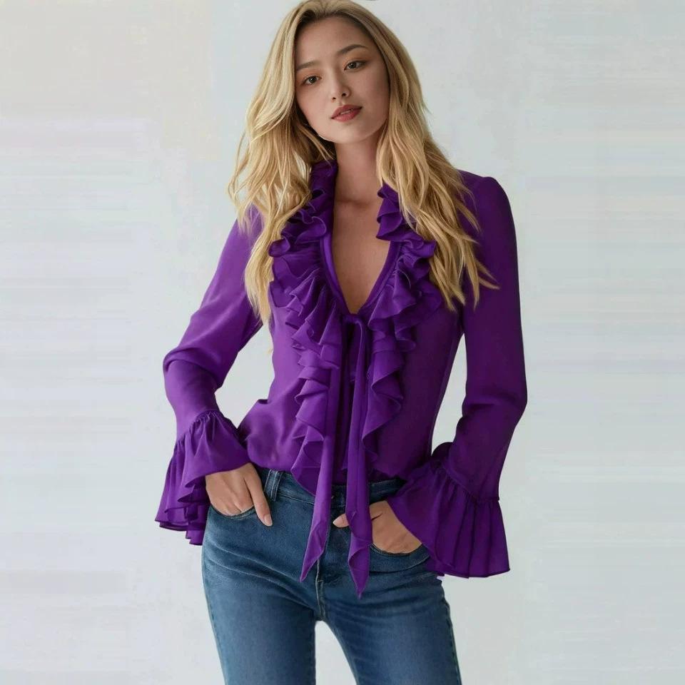 Women's Ruffled V Neck Long Sleeve Elegant Blouse Solid Color Casual Top Shirt