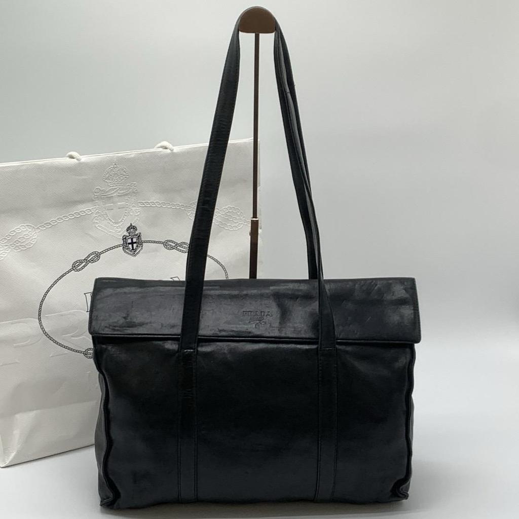 PRADA Handbag Shoulder Bag Shoulder Strap Tote Bag Nappa Leather Black Silver Hardware Logo Embossed Flap White Tag