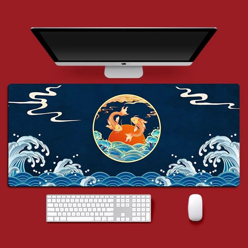 Chinese Style Golden Koi Lotus Art Large Antislip Desktop Mouse PadWaterproof Keyboard Pad for Home Office Decor