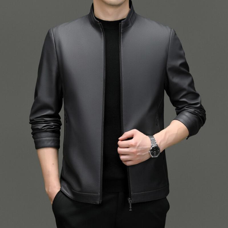 Leather Jacket Middle-aged Men's Loose Stand-up Collar Motorcycle Jacket Autumn and Winter New Business Casual Leather Jacket for Men
