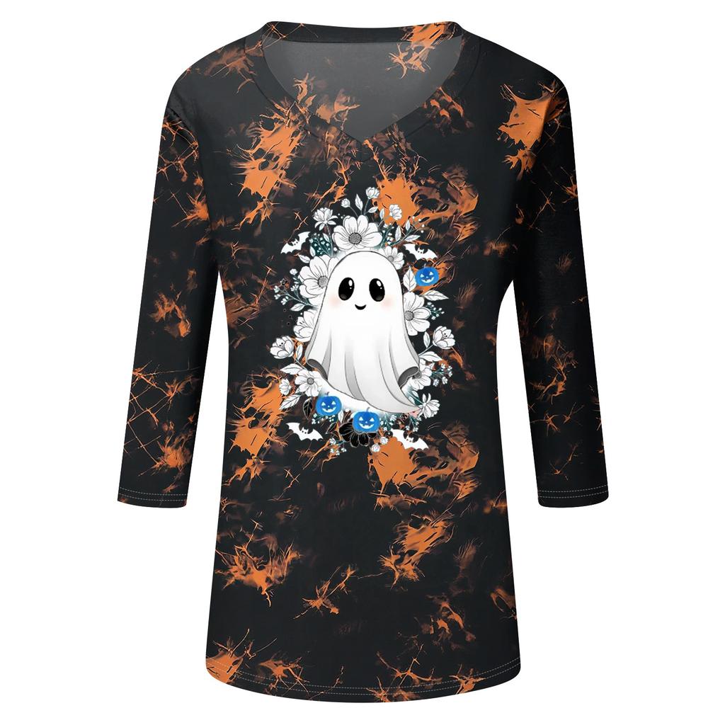Women's Casual V-Neck 3/4 Sleeve Halloween Print Top for Party and Daily Wear