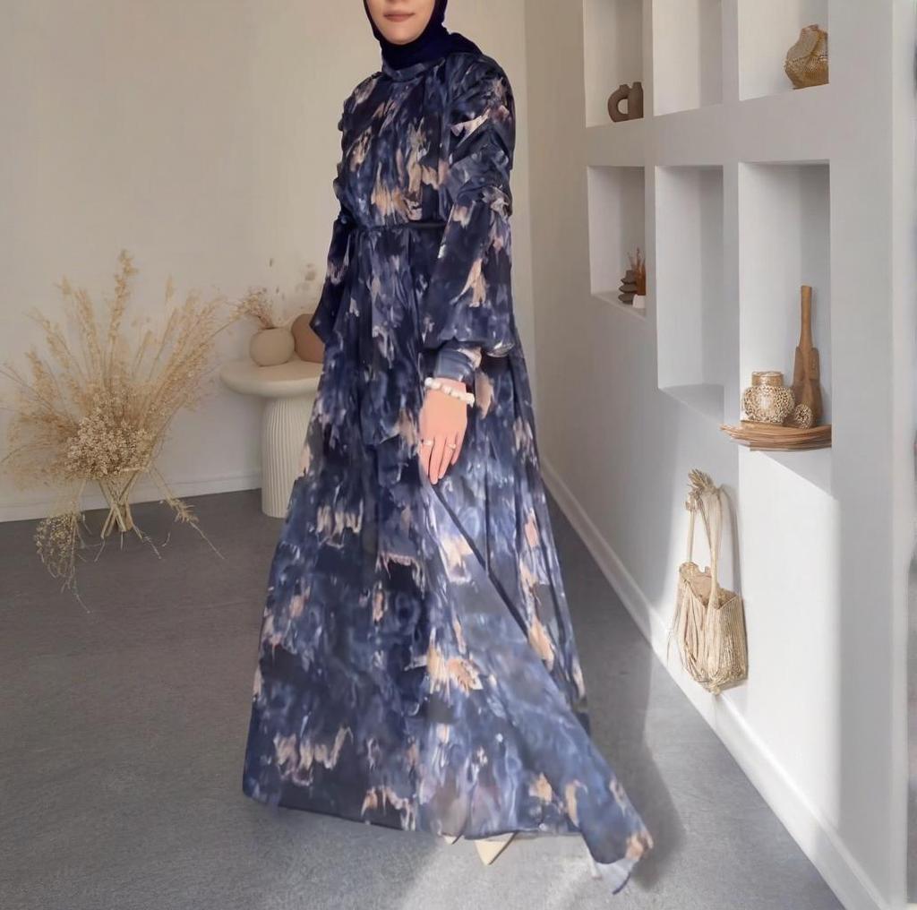 2025 Spring Middle Eastern Round Neck Printed Women's Long Sleeve Loose Casual Dress