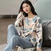Artı Boyutu Bayan Moda Kız Pijama Uzun Kollu Üstleri pantolon seti Pijama Bambu Baskı Taze Aile Pijama Takımı