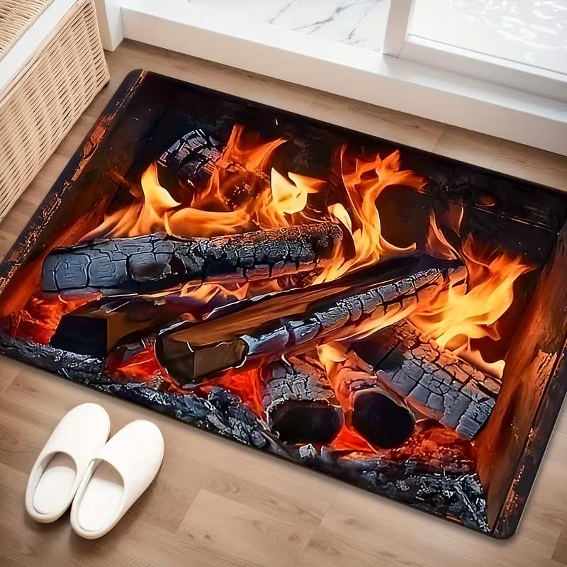 Flannel Charcoal Flame Door Decor Carpet Floor Mat Anti Slip Suitable for Laundry Room Decoration Kitchen Floor Mat Decoration