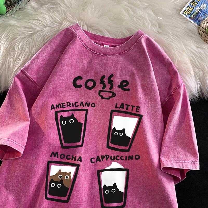 Amerikansk Retro Trendig Katt Bomulls-T-shirt Män Kvinnor Sommar Lös Par Kortärmad Toppar Harajuku Y2k Vintage Vattentvättad T-shirt
