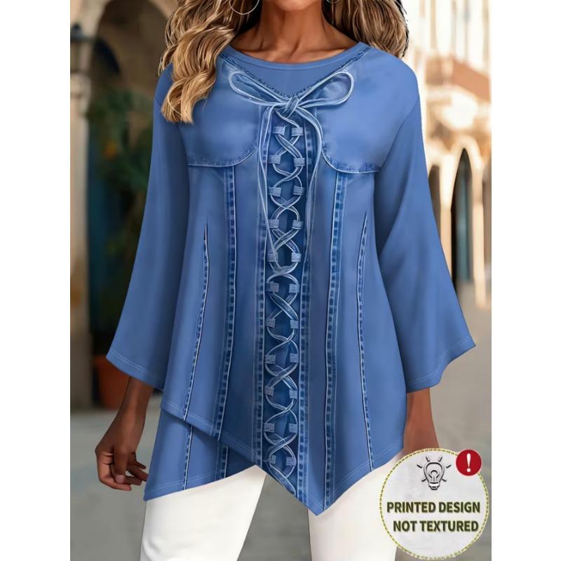 Women's fashionable printed round-neck T-shirt, with asymmetrical cross-over hem design, machine washable