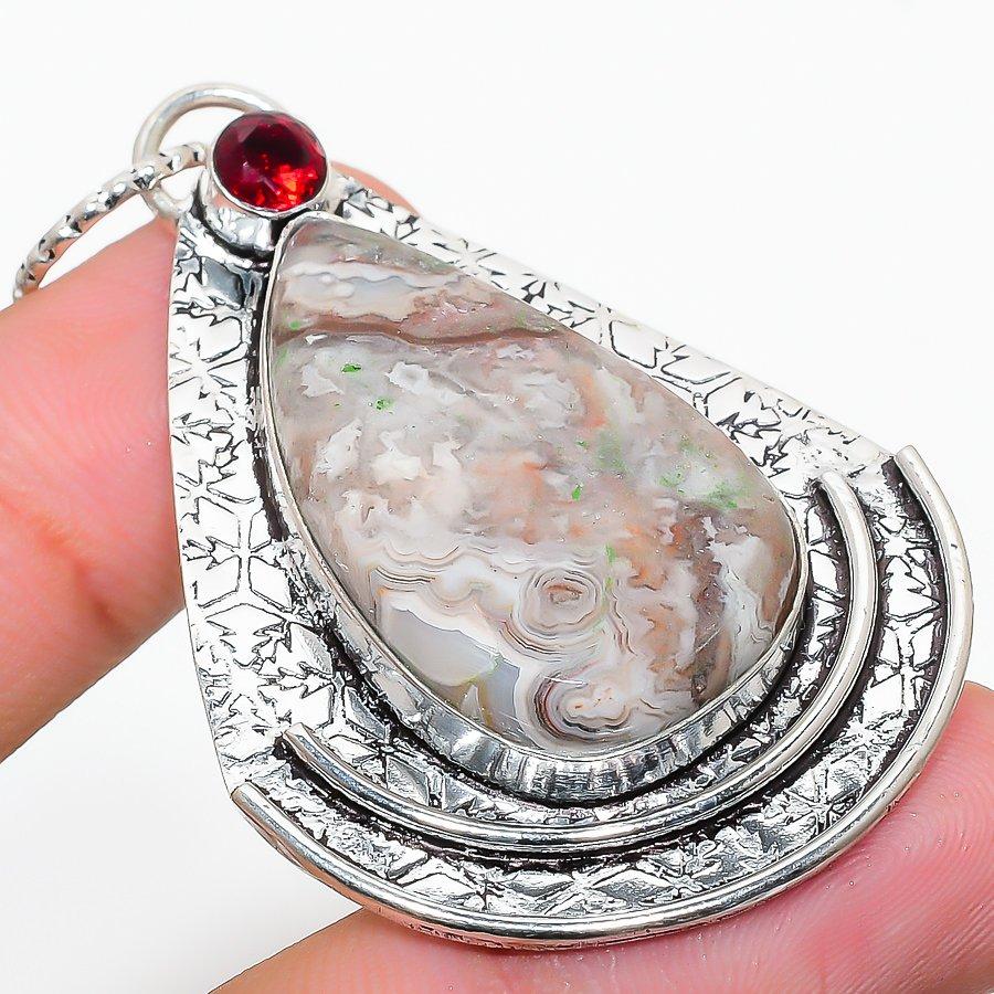 

Подарочный кулон из стерлингового серебра 925 пробы с кружевным агатом и гранатом, натуральный Лагуна, 2,40 дюйма, d1V21