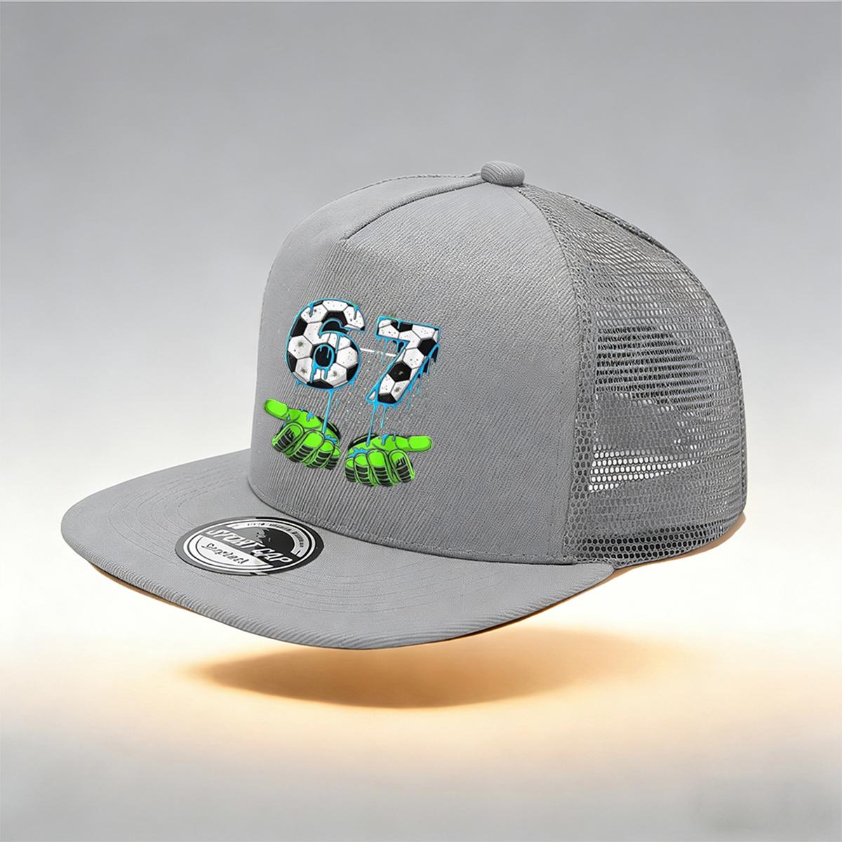 

1/2PC Y2KSoccer 67 Flat Brim Trucker Hat, Melting Drip Gloves Print, Breathable Mesh, Sporty Aesthetic Cap сірий