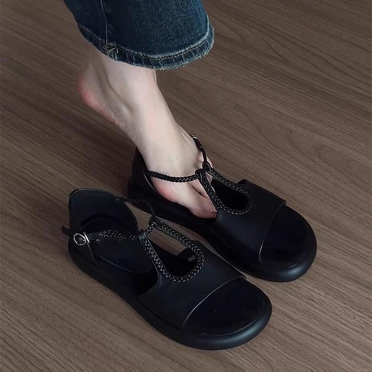 Thick-soled One-word Open-toed Sandals Women s Summer New High-end Skirt Hollow Sandals 35 чёрный