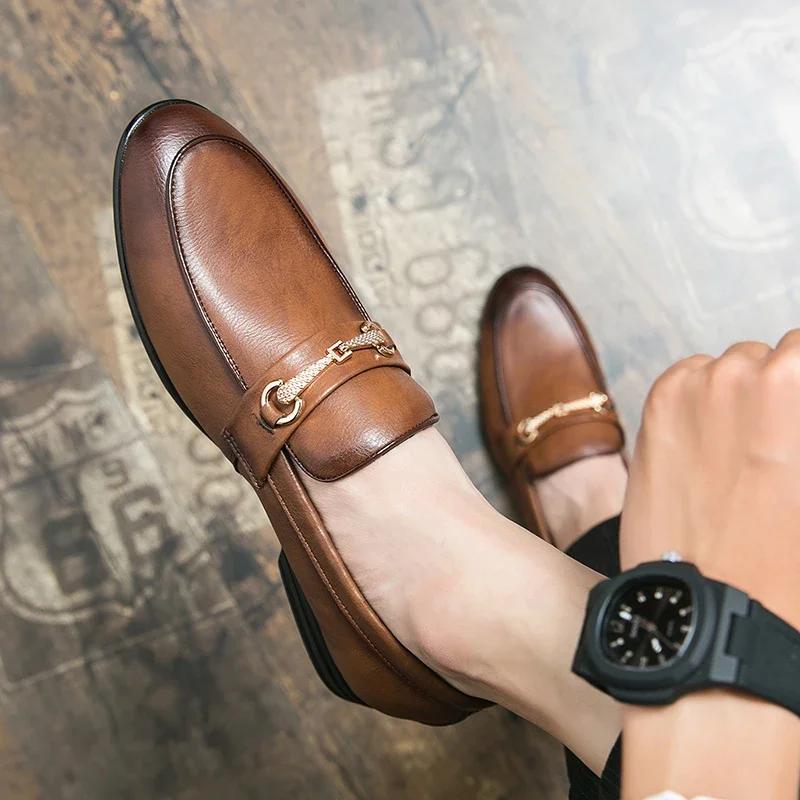 2024 New Men Casual Slip-on Business Loafers Male Concise Fashion Leather Shoes Soft High Quality Driving Shoes Mule Dress Shoes