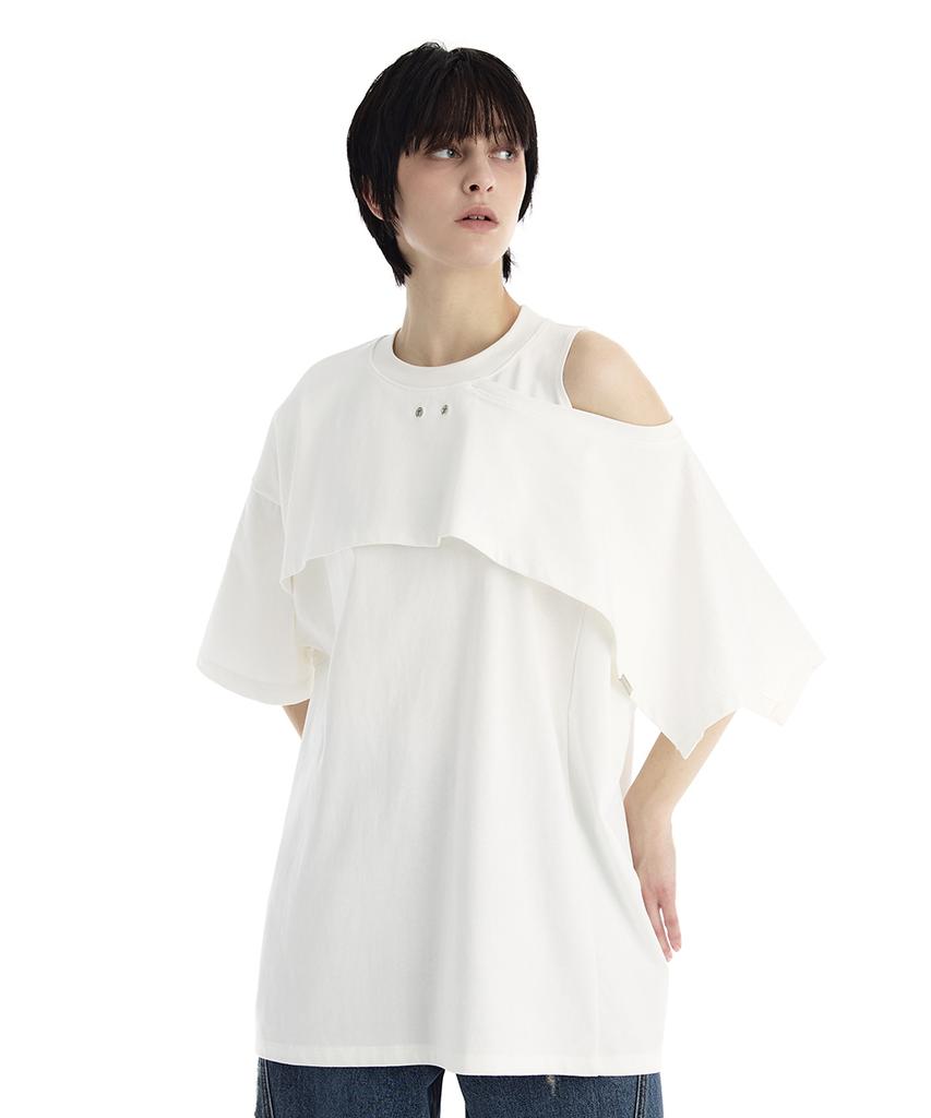 Teulimingbeodeu One-Sleeve Overlay Oversized T-Shirt [ White ]