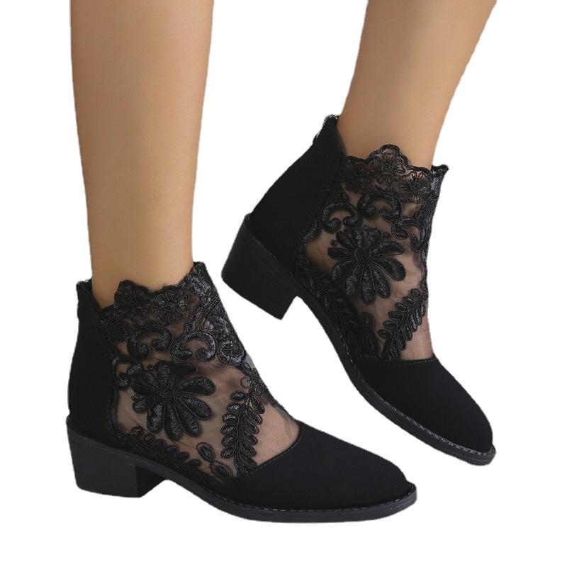 Women Back Zip Ankle Boots Pointed Toe Square Heel Flower Lace Fashion Office Dress Shoes