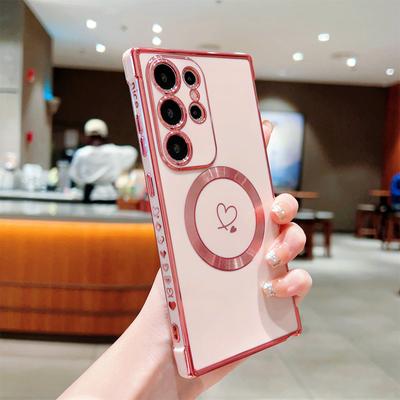 For Samsung Galaxy S23 Ultra Magnetic Case Electroplated TPU Phone Cover Hollow Love Hearts