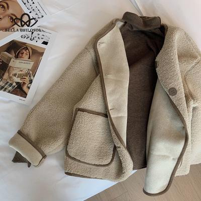 Woman New Khaki Round Neck Lamb Fleece Coat Women's Spring and Autumn New Loose Fashion Short Top Woman Clothes