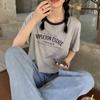 Clash of Colours Round Neck Short Sleeve T-shirt Women's Summer Letters Printed Loose Short Retro Tops