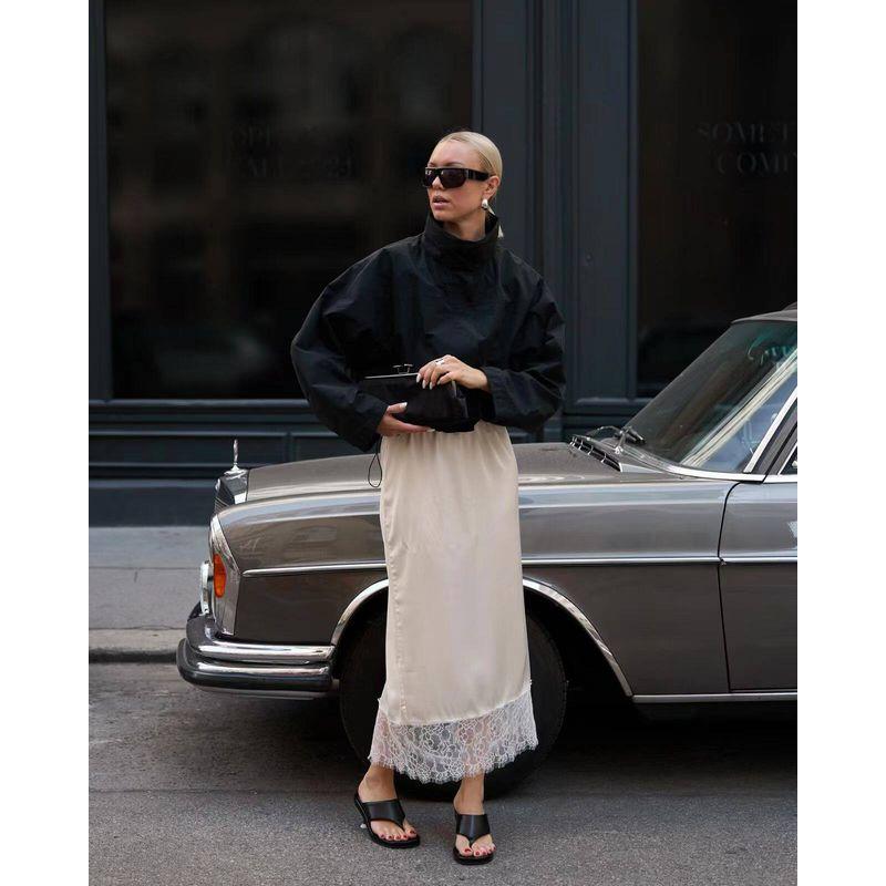 

European and American Cross-Border Spring and Summer New Versatile Lace Hem Splicing Back Slit Slimming Silky Satin Retro Skirt Off-White L