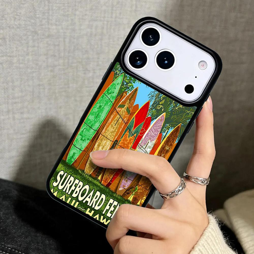 Capa Case for iPhone 17 Air 16 Pro Max 15 Plus 11 13 Mini 14 12 Back Phone Cover HAWAII BEACH SURF GIRL SURFING ART