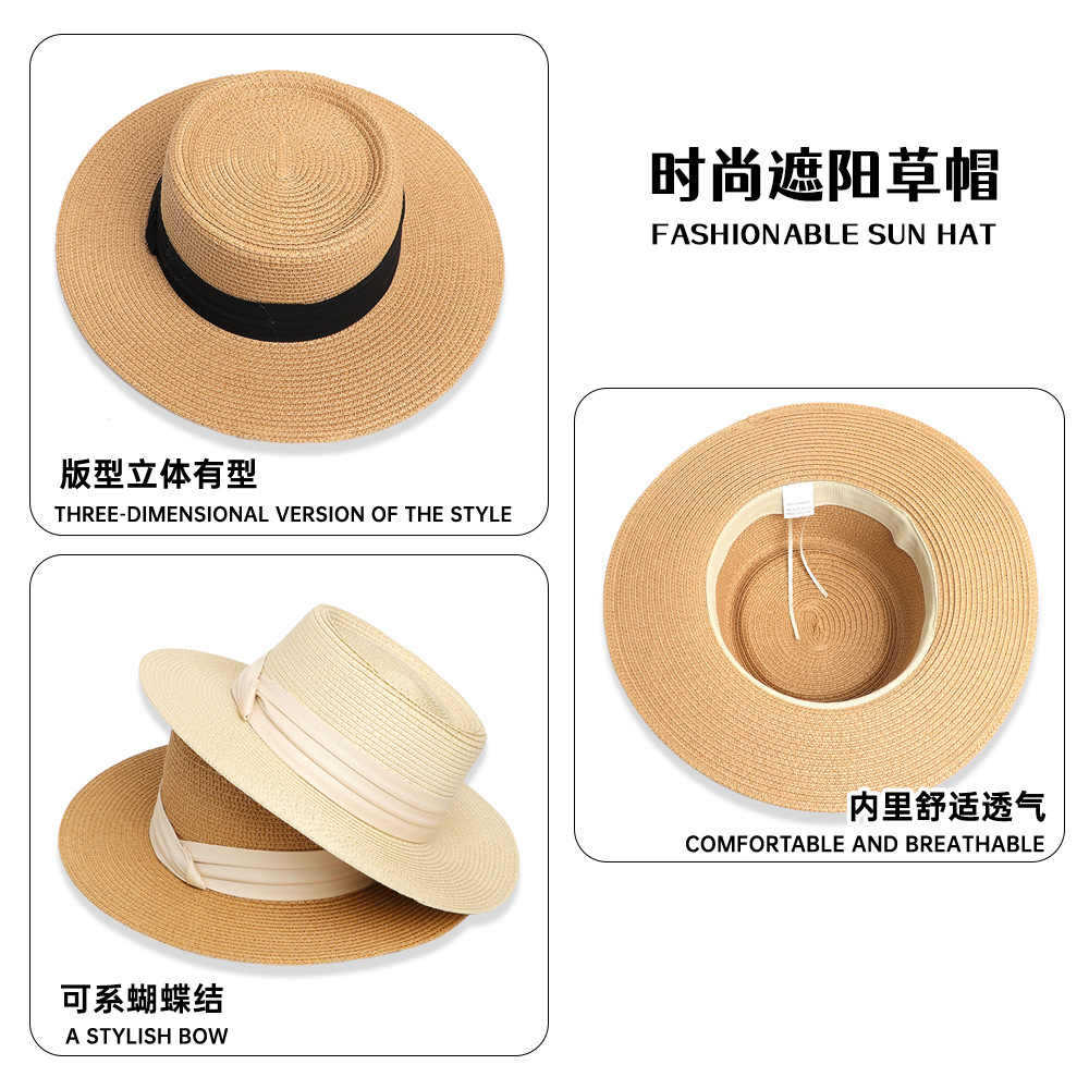 French Hat, Women's Summer Hat, Large Brim, Beach Sunscreen, Sunshade, Straw Hat, Versatile Flat Top Sun Hat