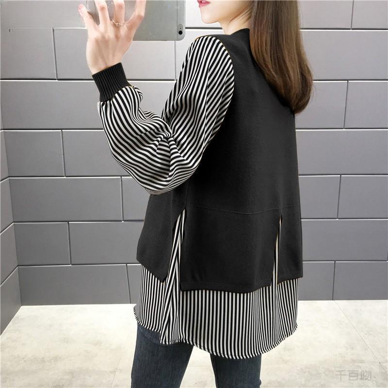 Blusa de dos piezas falsa de moda coreana para otoño e invierno, blusa informal de mujer con cuello redondo y manga larga con retazos