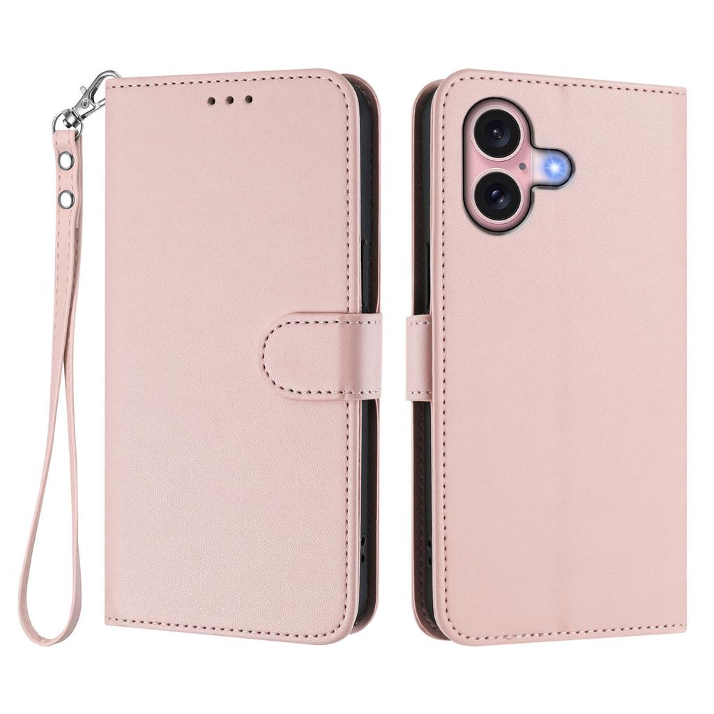 For iPhone 16 Leather Case Wallet Stand Phone Cover with Wrist Strap